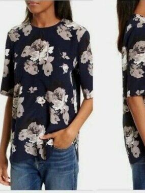 Theory Antazie Distressed Floral silk short sleeve blouse top shirt